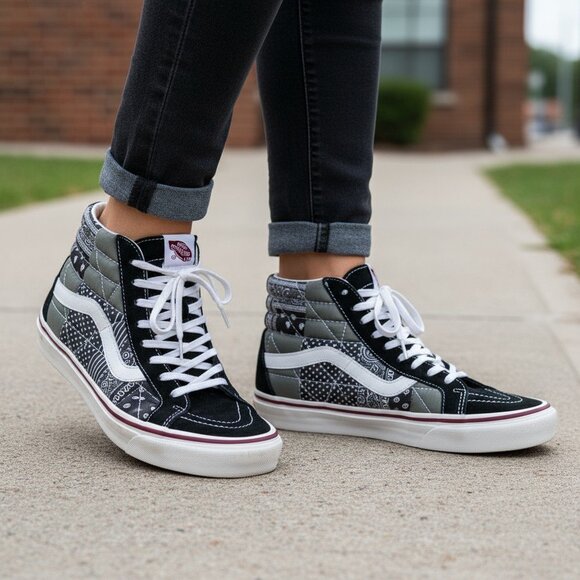 Vans Sk8-Hi Patchwork High Top Sneakers Black Olive Bandana Leopard - Picture 1 of 14